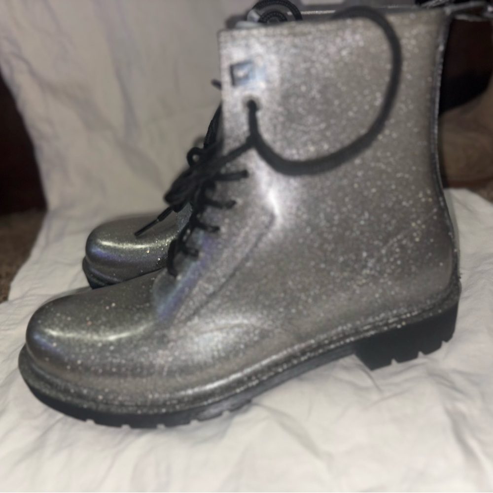 Silver Glitter Lace-Up Boots